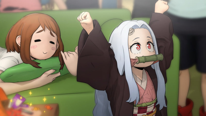 :&gt; =_= arms_up bamboo bit_gag black_shorts blurry blurry_background blurry_foreground blush_stickers boku_no_hero_academia brown_eyes brown_hair candy checkered_obi child commentary cosplay couch english_commentary eri_(boku_no_hero_academia) food gag greatm8 hands_up highres holding holding_pillow horns japanese_clothes kamado_nezuko kamado_nezuko_(cosplay) kimetsu_no_yaiba kimono long_hair looking_at_another looking_up lying medium_hair midoriya_izuku on_stomach photoshop_(medium) pillow pink_kimono red_eyes red_footwear shirt shoes short_hair shorts sidelocks silver_hair single_horn sneakers source_filmmaker_(medium) sparkle uraraka_ochako white_shirt