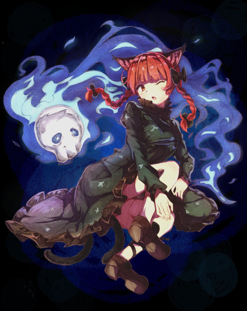 1girl ;o animal_ears ankle_ribbon black_ribbon braid brown_eyes cat_ears cat_tail dark_background dress frilled_dress frills full_body green_dress hands_on_own_legs highres hitodama kaenbyou_rin long_sleeves looking_at_viewer medium_hair multiple_tails one_eye_closed open_mouth print_dress red_hair ribbon shoes skull solo tail tamiku_(shisyamo609) touhou twin_braids two_tails