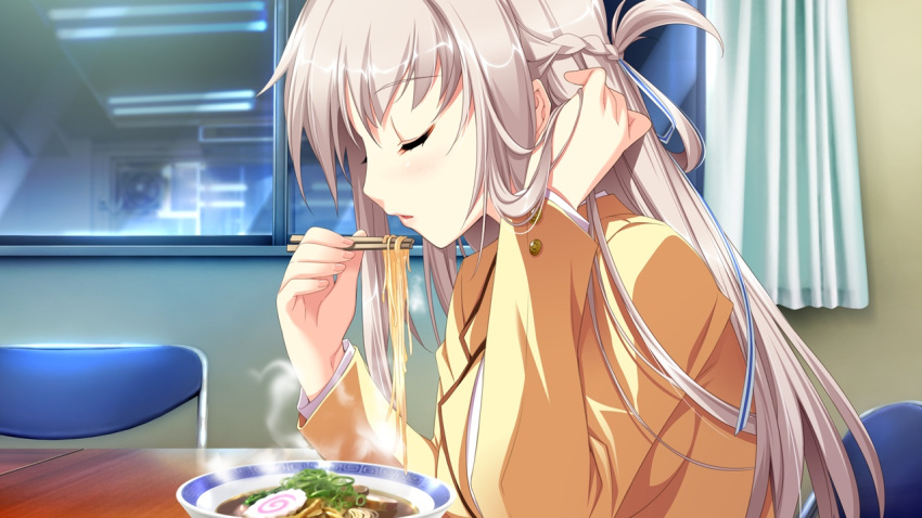 1girl adjusting_hair bangs blazer braid chopsticks closed_eyes eating eyebrows_visible_through_hair food french_braid from_side game_cg hair_between_eyes hair_ribbon hatsukoi_1/1 holding holding_chopsticks indoors jacket koizumi_amane leaning_forward long_hair long_sleeves makabe_midori noodles official_art open_mouth ramen ribbon school_uniform shiny shiny_hair silver_hair solo upper_body very_long_hair white_ribbon yellow_jacket