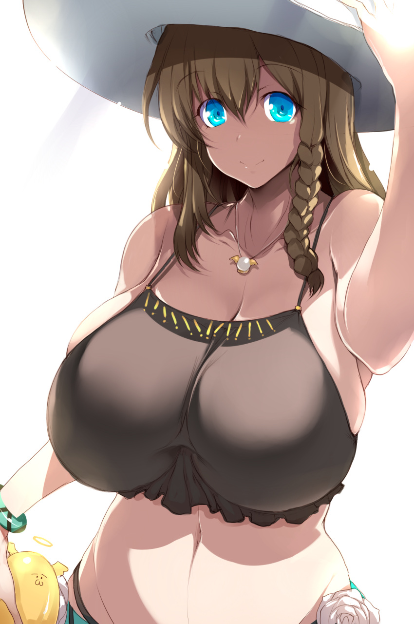 1girl bangs bare_shoulders bikini black_bikini blue_bikini braid breasts brown_hair charlotte_corday_(fate) charlotte_corday_(swimsuit_caster)_(fate) cleavage collarbone fate/grand_order fate_(series) flower green_eyes hat highres jewelry large_breasts looking_at_viewer mismatched_bikini navel necklace pendant revision short_hair side_braid solo sun_hat swimsuit thighs tsukasawa_takamatsu white_headwear