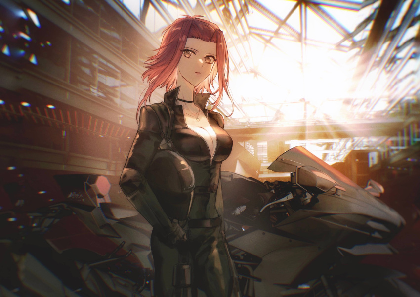 1girl 2rzmcaizerails6 absurdres black_bodysuit black_choker black_gloves bodysuit breasts brown_eyes choker cleavage closed_mouth collarbone gloves hair_intakes helmet highres holding holding_helmet indoors izayoi_aki jewelry long_hair medium_breasts partially_unzipped pendant red_hair shiny shiny_hair sidelocks solo standing yu-gi-oh! yu-gi-oh!_5d's