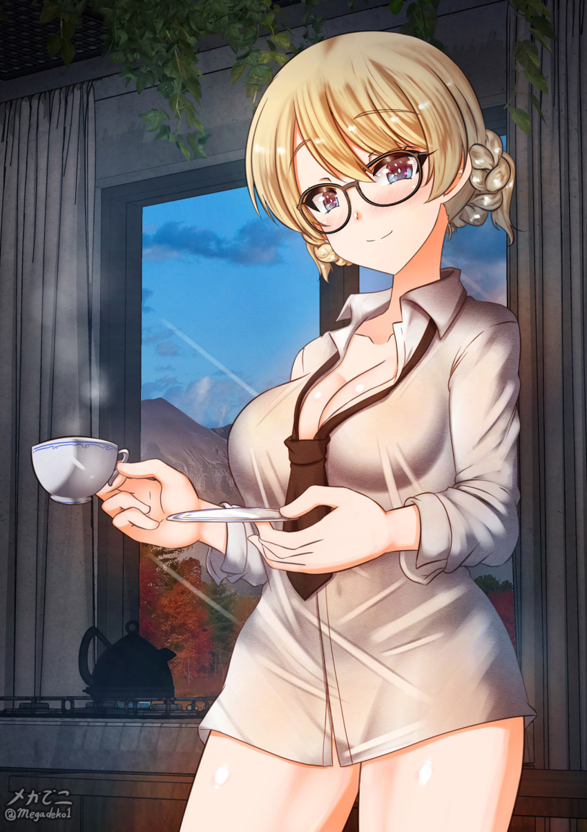 1girl aquaegg black_necktie blonde_hair blue_eyes blush braid breasts cleavage closed_mouth collarbone covered_navel cup darjeeling_(girls_und_panzer) eyebrows_visible_through_hair french_braid girls_und_panzer glasses highres indoors large_breasts looking_at_viewer necktie school_uniform shirt sky smile solo st._gloriana's_school_uniform teacup teapot white_shirt window
