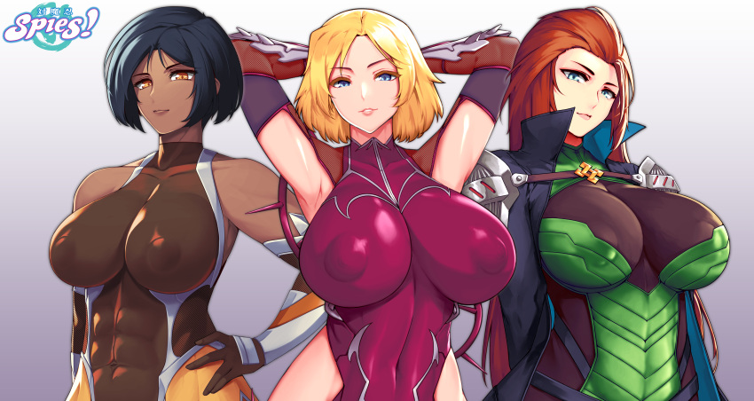 3girls abs absurdres alex_(totally_spies) armpits arms_behind_head arms_up bare_shoulders black_hair blonde_hair blue_eyes bodysuit breasts brown_eyes brown_gloves clover_(totally_spies) coat cosplay covered_navel covered_nipples cowboy_shot dark-skinned_female dark_skin elbow_gloves gloves green_eyes hands_on_hips highres igawa_sakura igawa_sakura_(cosplay) impossible_clothes large_breasts long_hair looking_at_viewer medium_hair multiple_girls nachtness red_hair sam_(totally_spies) short_hair simple_background taimanin_(series) taimanin_asagi taimanin_suit totally_spies upper_body white_background yellow_eyes