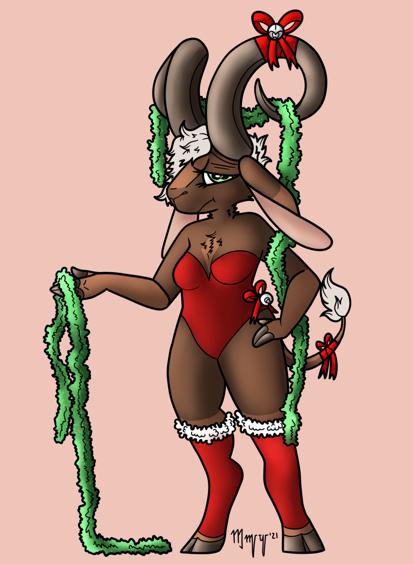 absurd_res ahotandsweatydog anthro bell bovid bow caprine clothed clothing female frown goat hair hi_res horn legwear looking_at_viewer mammal one_piece_suit ramantha ribbons simple_background solo standing stockings tinsel