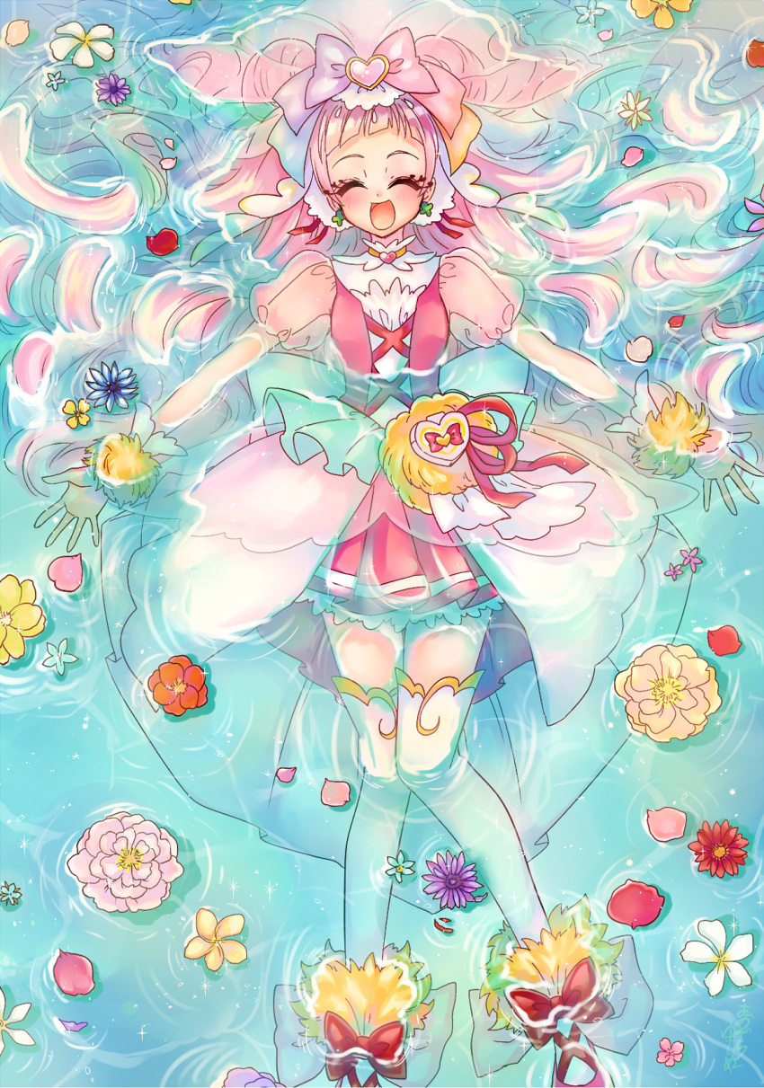 1girl aqua_bow back_bow bow cheerful_style closed_eyes clover_earrings cure_yell double_bun dress facing_viewer flower frills full_body hair_bow happy highres hugtto!_precure layered_dress long_hair lying multicolored_bow nono_hana on_back open_mouth outstretched_arms partially_submerged pink_dress pink_hair pleated_dress pouch precure puffy_sleeves see-through_sleeves shoes short_dress smile solo spread_arms thighhighs water white_legwear wrist_cuffs yuki_inu zettai_ryouiki