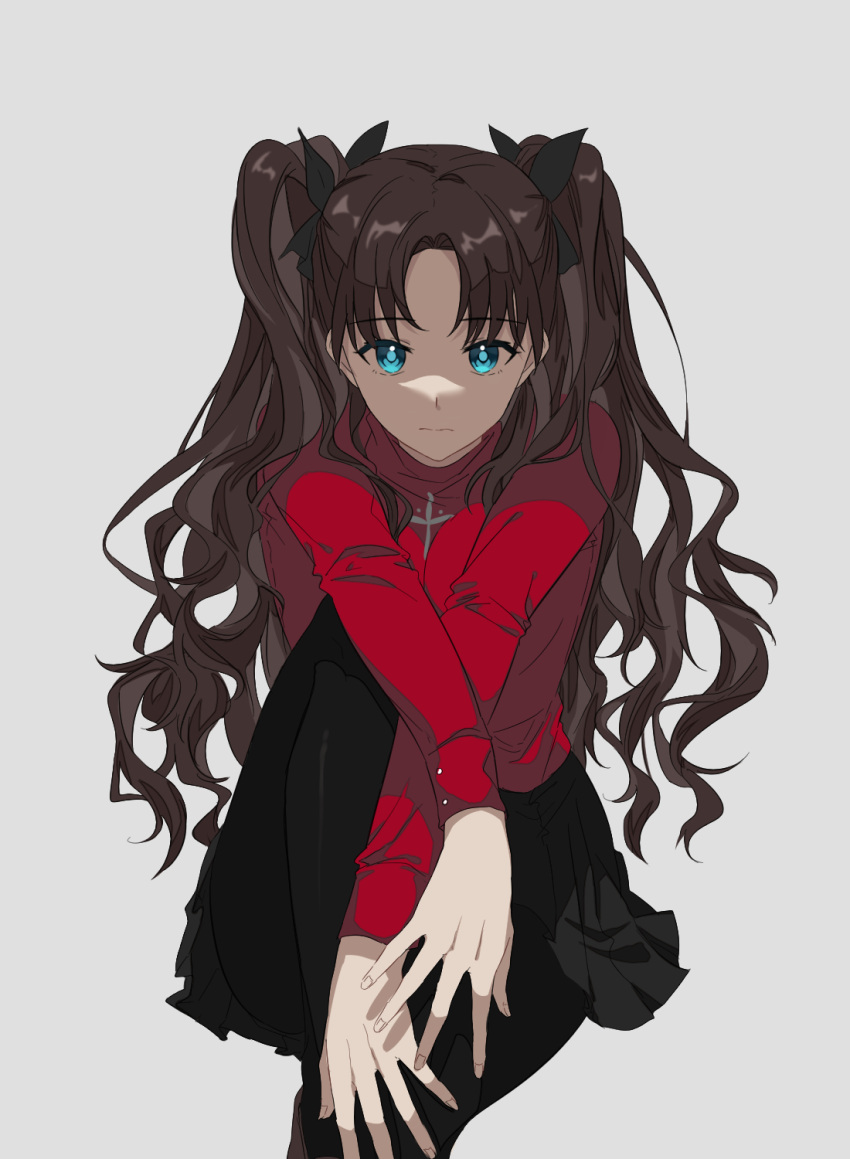 1girl alternate_legwear black_bow black_legwear black_skirt blue_eyes bow brown_hair closed_mouth eyebrows_visible_through_hair fate/stay_night fate_(series) hair_bow hair_intakes highres long_hair long_sleeves looking_at_viewer miniskirt pantyhose pleated_skirt red_shirt shiny shiny_hair shirt simple_background sitting skirt solo sunyack tohsaka_rin twintails very_long_hair white_background