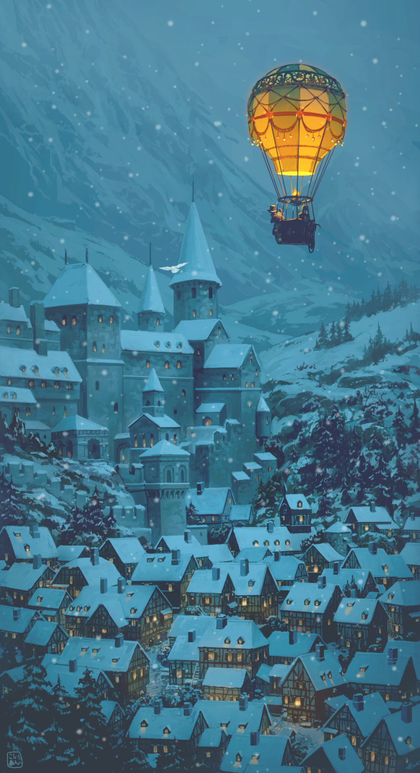 2boys absurdres aircraft bird building castle hat highres hot_air_balloon house kosian mountain multiple_boys night original outdoors scenery snow snowing top_hat town winter