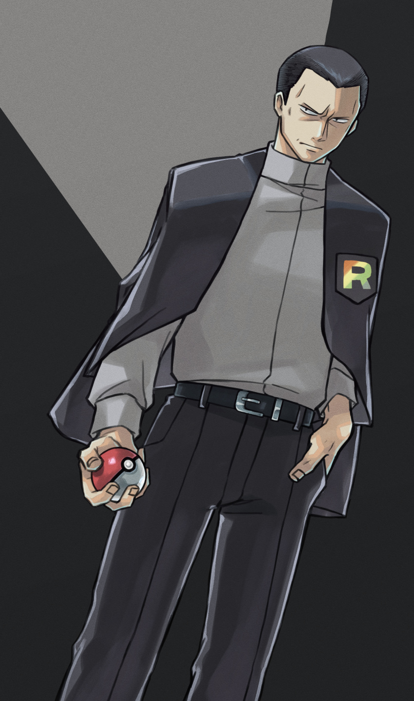 1boy belt black_belt black_eyes black_hair black_pants closed_mouth commentary_request fingernails furrowed_brow giovanni_(pokemon) grey_shirt hand_in_pocket highres holding holding_poke_ball jacket jacket_on_shoulders logo long_sleeves male_focus oyu_no_mizuwari pants poke_ball poke_ball_(basic) pokemon pokemon_(game) pokemon_usum shirt short_hair solo team_rainbow_rocket