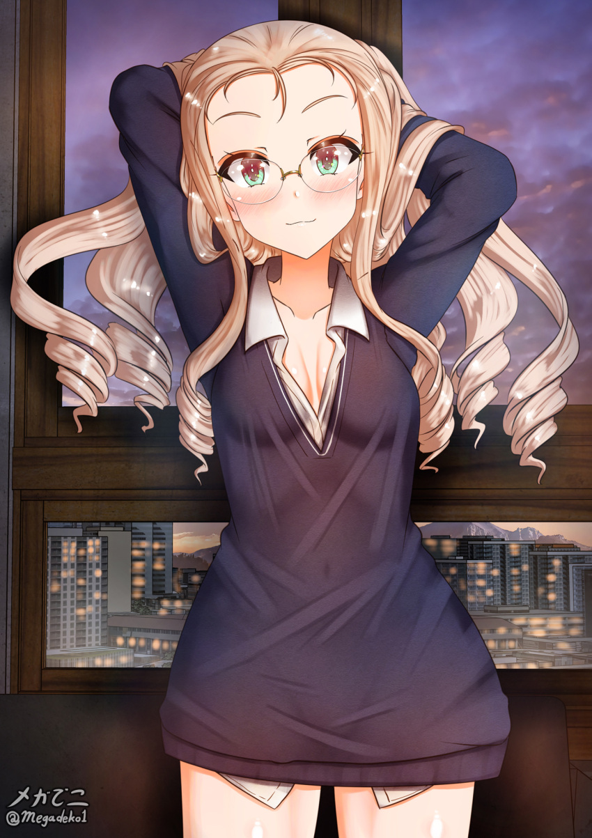 1girl aquaegg arms_behind_head blonde_hair blush breasts cleavage closed_mouth collarbone covered_navel drill_hair girls_und_panzer glasses green_eyes highres indoors long_hair looking_at_viewer marie_(girls_und_panzer) shiny shiny_hair sky small_breasts smile solo window