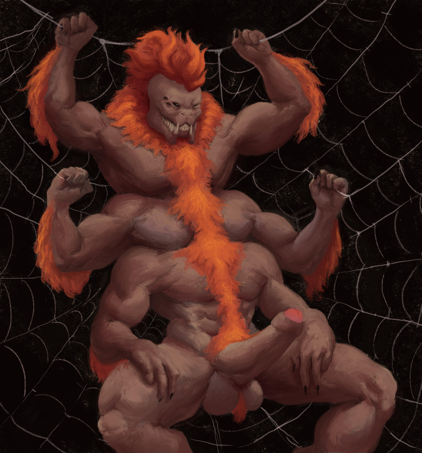 absurd_res anthro arachnid arthropod balls body_hair chest_hair foreskin genitals hair hi_res humanoid_genitalia humanoid_penis male mandibles mane mohawk multi_eye multi_limb muscular mygalomorph penis scalesnveins solo spider tarantula terek