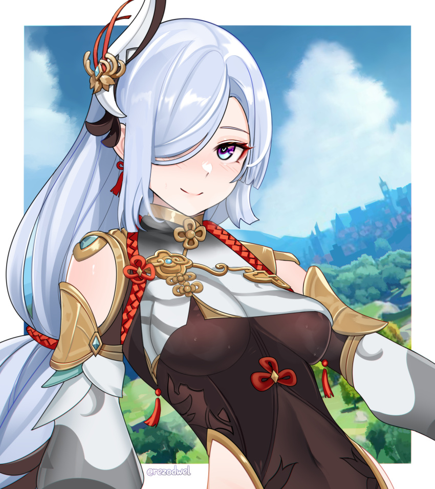 1girl blue_eyes blue_sky breasts covered_navel genshin_impact hair_ornament hair_over_one_eye highres hip_vent long_hair looking_at_viewer medium_breasts rezodwel shenhe_(genshin_impact) sky smile upper_body white_hair