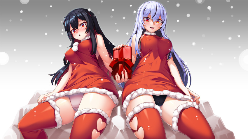 2girls :o arata bangs black_hair black_panties check_commentary clothing_cutout commentary commentary_request covered_nipples crotch_seam dress fur-trimmed_dress fur-trimmed_legwear fur_trim genderswap genderswap_(mtf) gift grey_panties halterneck hand_on_own_thigh heart_cutout highres holding holding_gift long_hair microdress multiple_girls open_mouth original panties pantyshot red_eyes red_legwear ren_(witch's_weapon) santa_dress side-by-side sitting smile snowing thighhighs underwear