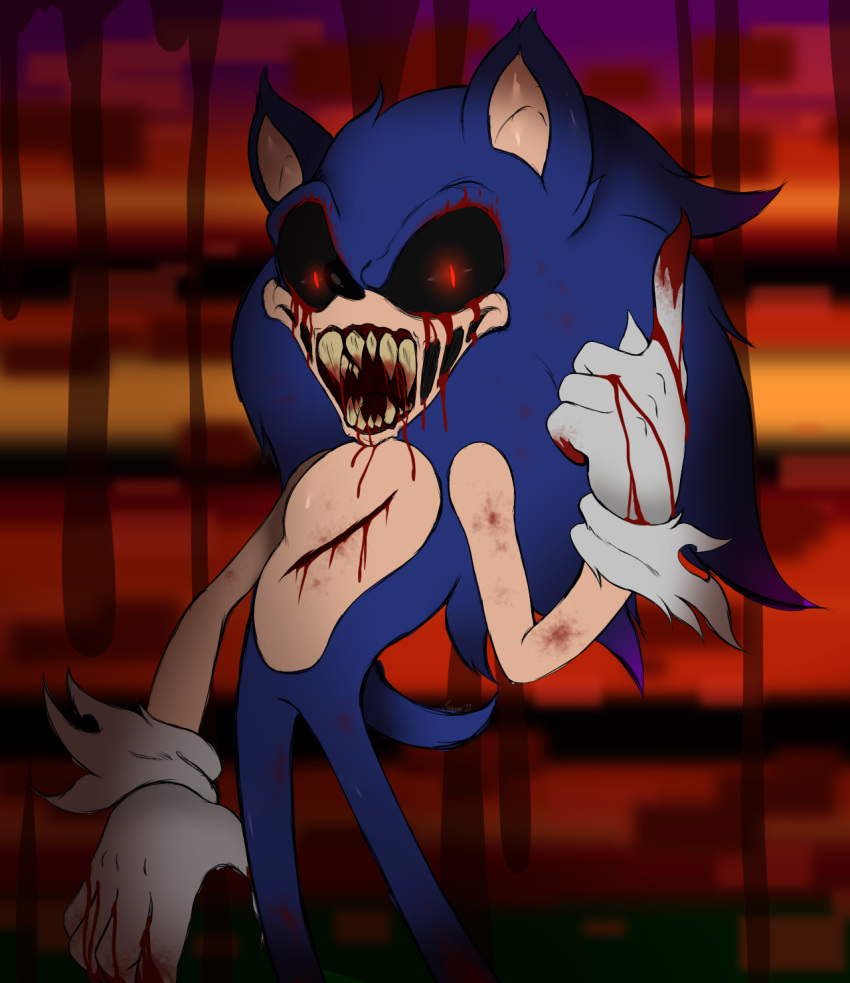 2021 anthro blood bodily_fluids chest_wound clothing digital_media_(artwork) eulipotyphlan gloves handwear hedgehog hi_res looking_at_viewer mammal open_mouth sega sharp_teeth solo sonic.exe sonic_the_hedgehog sonic_the_hedgehog_(series) suirano teeth