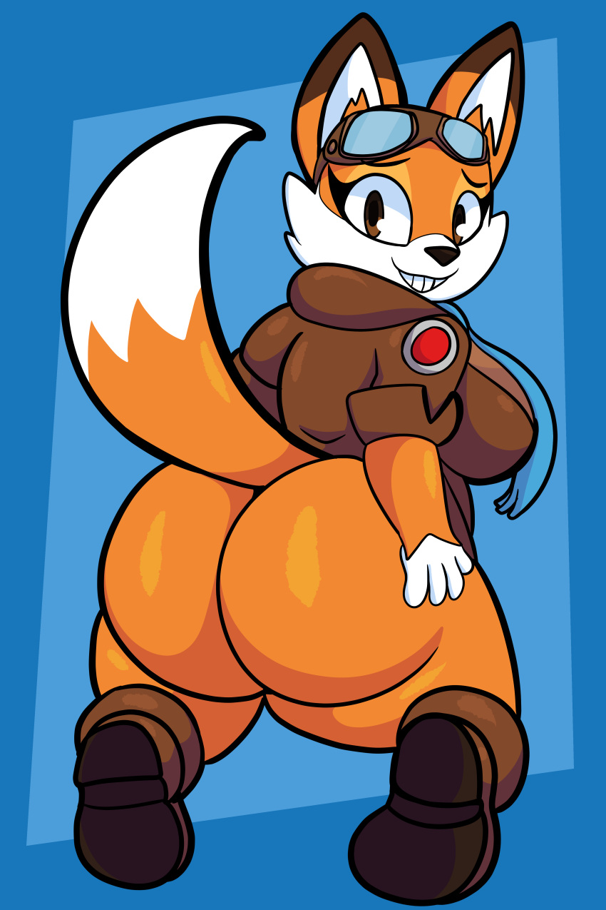 absurd_res anthro big_breasts big_butt blue_scarf boots bottomless breasts brown_body brown_boots brown_clothing brown_eyes brown_footwear brown_fur brown_jacket brown_topwear butt canid canine clothed clothing eyewear female footwear fox fur goggles hand_on_butt hi_res holding_butt huge_butt jacket looking_at_viewer looking_back lyra_swiftail mammal orange_body orange_fur scarf smile solo someth1ngoranother super_lucky's_tale teeth thick_thighs topwear white_body white_fur wide_hips
