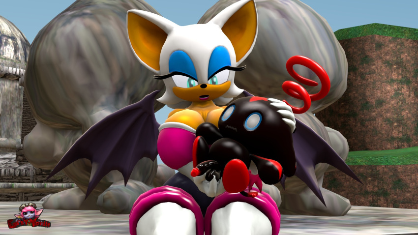 2020 3d_(artwork) anthro artist_name balls big_breasts black_body black_skin blue_sclera bodysuit breasts chao_(sonic) chiropteran cleavage clothed clothing curvy_figure dark_chao detailed_background digital_media_(artwork) duo eyelashes eyes_closed eyeshadow female fingers fur genitals gloves grey-yordle hair handwear hi_res huge_breasts makeup male male/female mammal multicolored_body multicolored_skin outside penis red_body red_skin rouge_the_bat sega sitting skinsuit smile sonic_the_hedgehog_(series) source_filmmaker spread_wings tan_body tan_fur teal_eyes thick_thighs tight_clothing two_tone_body two_tone_skin vein veiny_penis voluptuous white_body white_eyes white_fur white_hair wide_hips wings