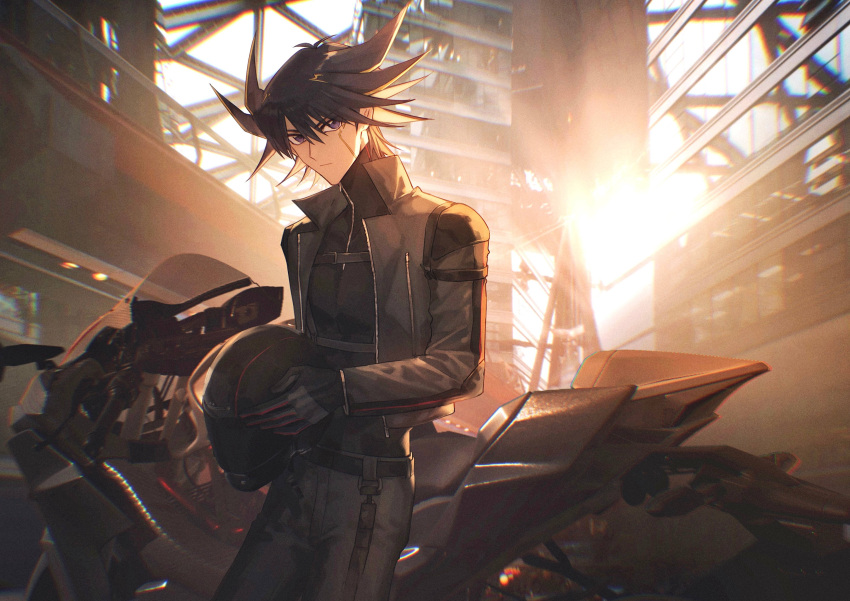 1boy 2rzmcaizerails6 absurdres bangs black_gloves black_hair blonde_hair blue_eyes facial_mark fudou_yuusei gloves grey_jacket grey_pants hair_between_eyes helmet highres indoors jacket long_hair long_sleeves looking_at_viewer multicolored_hair open_clothes open_jacket pants solo spiked_hair standing turtleneck two-tone_hair unzipped yu-gi-oh! yu-gi-oh!_5d's