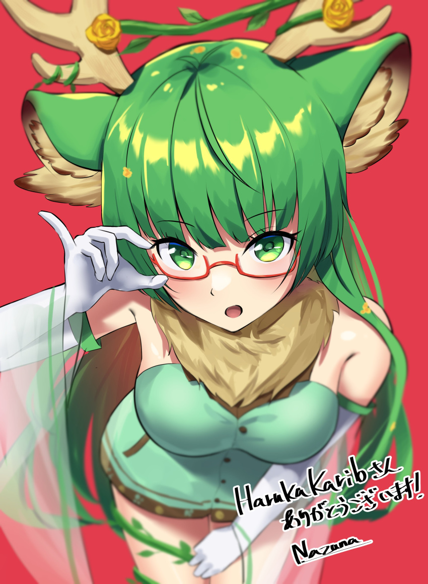 absurdres animal_ears antlers bangs blush breasts brown_skirt character_name elbow_gloves english_commentary eyebrows_visible_through_hair gloves green_eyes green_hair haruka_karibu highres indie_virtual_youtuber leaning_forward medium_breasts moose_ears moose_girl nazuna_(nazuna_a2) open_mouth plant red_background second-party_source skirt vines virtual_youtuber white_gloves