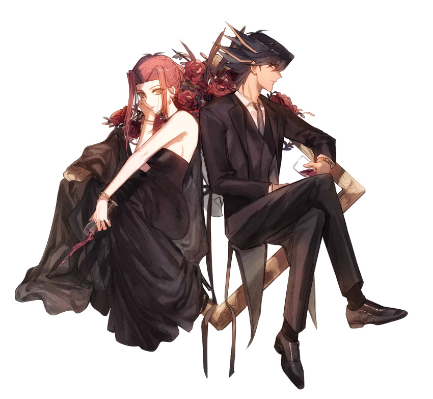 1boy 1girl 2rzmcaizerails6 absurdres back-to-back black_dress black_footwear black_hair black_jacket black_legwear black_pants black_vest blonde_hair bracelet breasts brown_eyes closed_mouth collared_shirt crossed_legs dress earrings flower fudou_yuusei grey_necktie hair_intakes head_rest highres holding izayoi_aki jacket jewelry long_dress long_hair long_sleeves medium_breasts multicolored_hair necktie open_clothes open_jacket pants profile red_flower red_hair red_rose rose shiny shiny_hair shirt short_hair_with_long_locks sidelocks simple_background sleeveless sleeveless_dress socks spiked_hair strapless strapless_dress two-tone_hair vest white_background white_shirt wing_collar yu-gi-oh! yu-gi-oh!_5d's