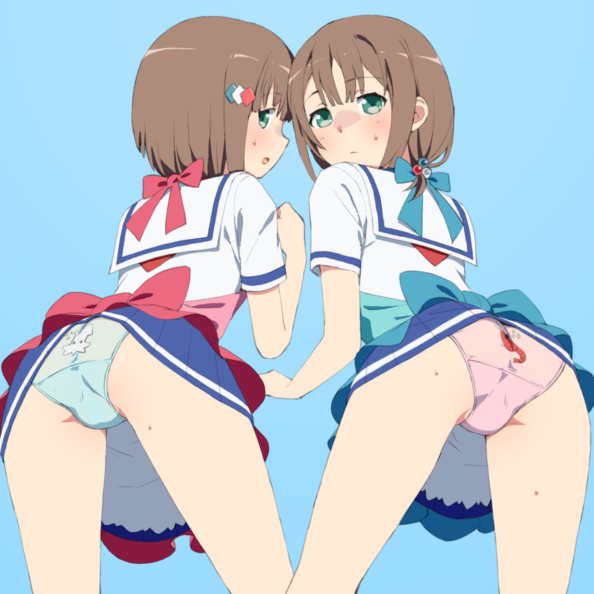 2girls apron ass back-print_panties bangs bent_over blouse blue_apron blue_background blue_bow blue_skirt blush bow brown_hair closed_mouth commentary cowboy_shot crotch_seam eyebrows_visible_through_hair from_behind frown green_eyes green_panties hair_bobbles hair_bow hair_ornament high_school_fleet highres kinesaki_akane kinesaki_homare looking_at_viewer looking_back miniskirt multiple_girls neckerchief onsen_tamago_(hs_egg) open_mouth panties pink_apron pink_panties pleated_skirt print_panties red_bow sailor_collar school_uniform serafuku short_hair shrimp_print siblings side-by-side simple_background single_horizontal_stripe sisters skirt squid_print standing sweat sweatdrop twins underwear white_blouse white_sailor_collar yokosuka_girls_marine_high_school_uniform