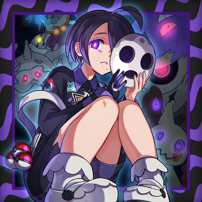 1boy ahoge allister_(pokemon) black_hair chandelure closed_mouth collared_shirt commentary_request cursola from_below frown galarian_yamask gengar gloves highres holding holding_mask holster knees knees_together_feet_apart long_sleeves male_focus mask mimikyu mole mole_under_mouth moruo_(mo_mr3) pigeon-toed poke_ball poke_ball_(basic) pokemon pokemon_(creature) pokemon_(game) pokemon_swsh polteageist purple_eyes shirt shoes single_glove suspenders suspenders_slip white_footwear