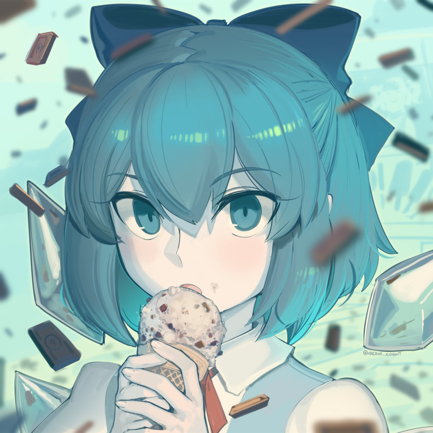 1girl blue_bow blue_eyes blue_hair blurry boa_(brianoa) bow chocolate cirno collared_shirt commentary eating english_commentary food food_on_face hair_between_eyes hair_bow half_updo hands_up highres holding holding_food ice ice_cream ice_wings light_blush looking_at_viewer neck_ribbon open_mouth portrait red_ribbon ribbon shiny shiny_hair shirt short_hair sidelocks solo touhou twitter_username white_shirt wings