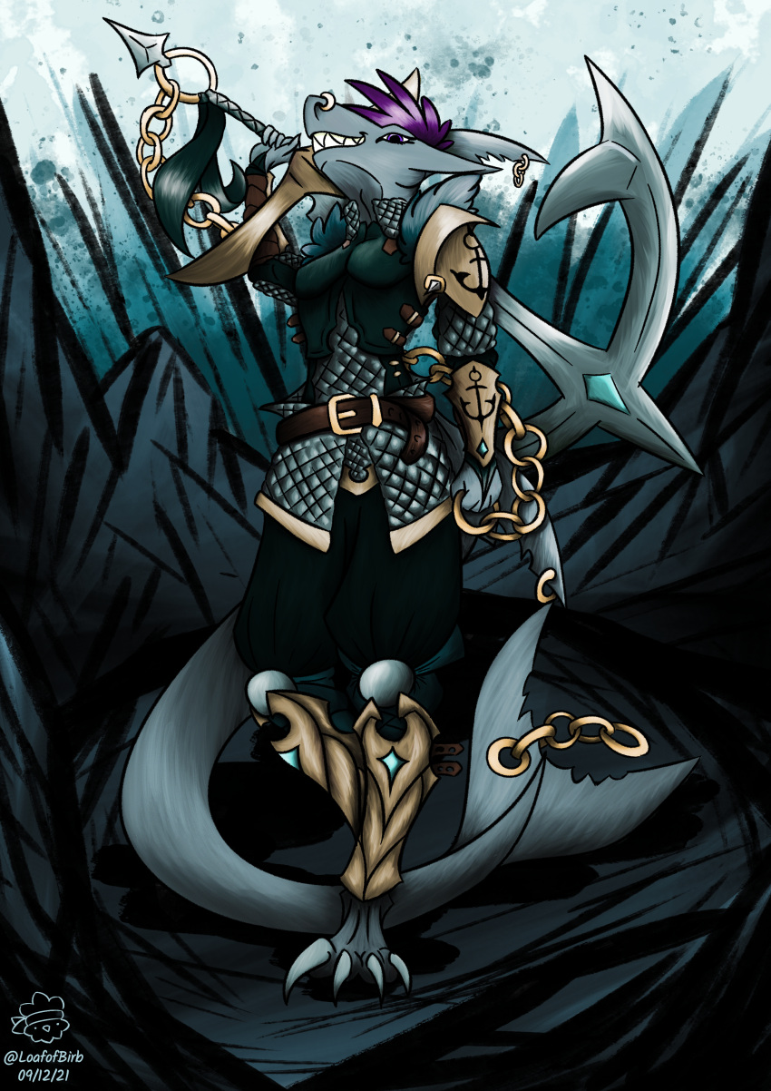 2021 absurd_res anthro armor claws clenched_teeth colored detailed_background digital_drawing_(artwork) digital_media_(artwork) digital_painting_(artwork) ear_piercing facial_piercing female fin fin_piercing fish full-length_portrait furgonomics furry-specific_piercing grey_body hair hi_res loafofbirb looking_at_viewer marine nose_piercing outside piercing portrait pose purple_eyes purple_hair seaside shaded shark smile smirk solo teeth watermark weapon