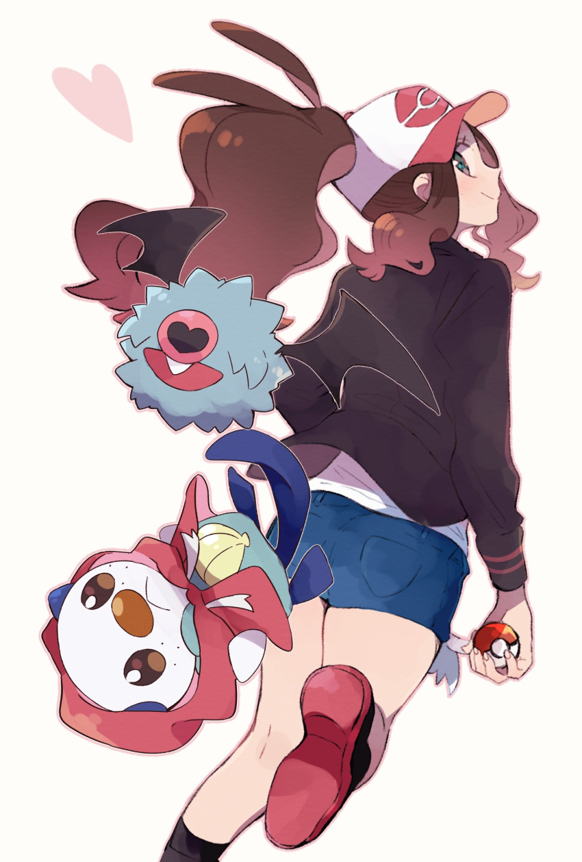 1girl baseball_cap blue_shorts brown_hair closed_mouth commentary_request eyelashes hat heart highres hilda_(pokemon) holding holding_poke_ball jacket looking_back misha_(ohds101) oshawott poke_ball poke_ball_(basic) pokemon pokemon_(creature) pokemon_(game) pokemon_bw ponytail shirt short_shorts shorts sidelocks simple_background smile white_background white_shirt woobat