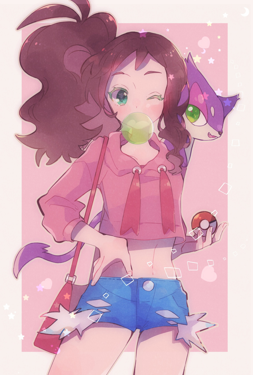 1girl antenna_hair bag bangs blue_shorts blush border brown_hair bubble_blowing chewing_gum commentary_request eyelashes green_eyes hand_on_hip highres hilda_(pokemon) holding holding_poke_ball misha_(ohds101) on_shoulder outside_border poke_ball poke_ball_(basic) pokemon pokemon_(creature) pokemon_(game) pokemon_bw pokemon_on_shoulder ponytail purrloin shorts sidelocks star_(symbol) white_border