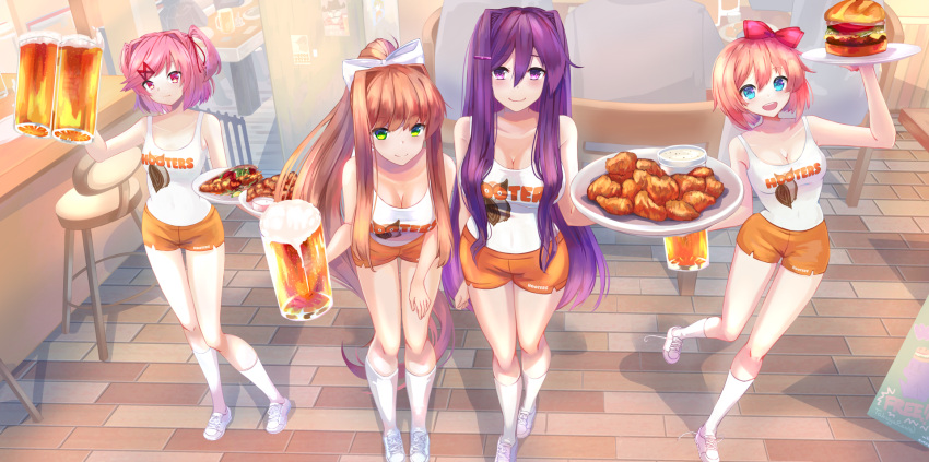 4girls :d alcohol bangs bare_arms bare_shoulders beer beer_mug bow breasts brown_hair burger chicken_nuggets cleavage clothes_writing commentary commission cup doki_doki_literature_club english_commentary food full_body hair_between_eyes hair_bow hair_ornament hair_ribbon hairclip highres holding holding_plate hooters large_breasts long_hair looking_at_viewer medium_breasts monika_(doki_doki_literature_club) mug multiple_girls natsuki_(doki_doki_literature_club) orange_shorts pink_hair plate ponytail purple_hair red_bow red_ribbon ribbon sayori_(doki_doki_literature_club) shoes short_hair short_shorts shorts sidelocks small_breasts smile socks takuyarawr tank_top two_side_up very_long_hair waitress white_footwear white_legwear white_ribbon white_tank_top yuri_(doki_doki_literature_club)