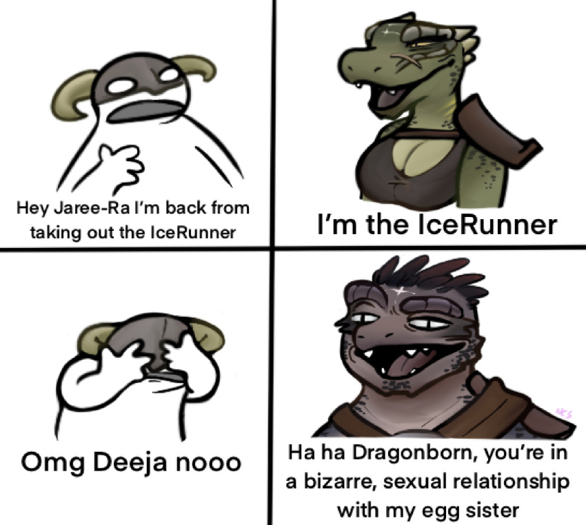 2021 anthro argonian armor bethesda_softworks breasts cleavage clothed clothing comic deeja dovahkiin english_text eyebrows female group headgear helmet hi_res horn human humor jaree-ra male mammal meme multiple_scenes ncs open_mouth open_smile scales scalie shoulder_pads sibling simple_background skyrim smile teeth text the_elder_scrolls tongue trio video_games white_background