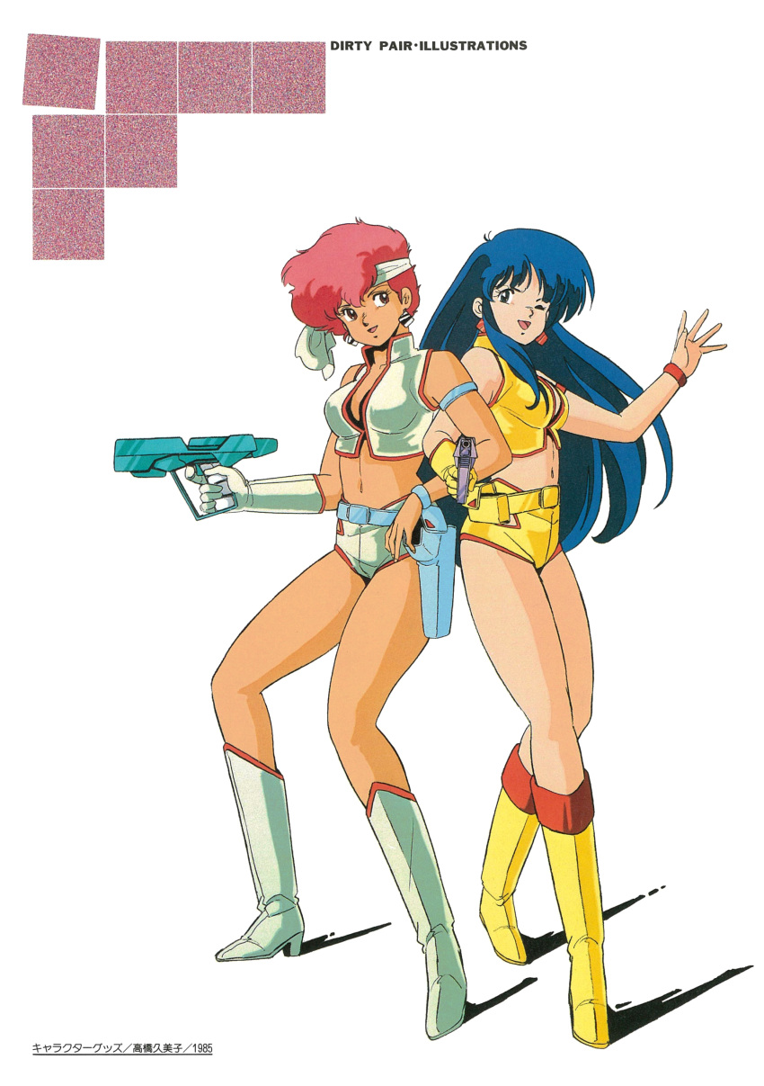 1980s_(style) 1990s_(style) absurdres armlet bangs blue_eyes blue_hair boots bracelet dark-skinned_female dark_skin dirty_pair earrings gloves gun handgun headband highres holding holding_gun holding_weapon holster jewelry kei_(dirty_pair) knee_boots locked_arms long_hair midriff navel official_art one_eye_closed open_mouth red_eyes red_hair retro_artstyle scan short_hair simple_background single_glove thighhighs weapon white_background yuri_(dirty_pair)