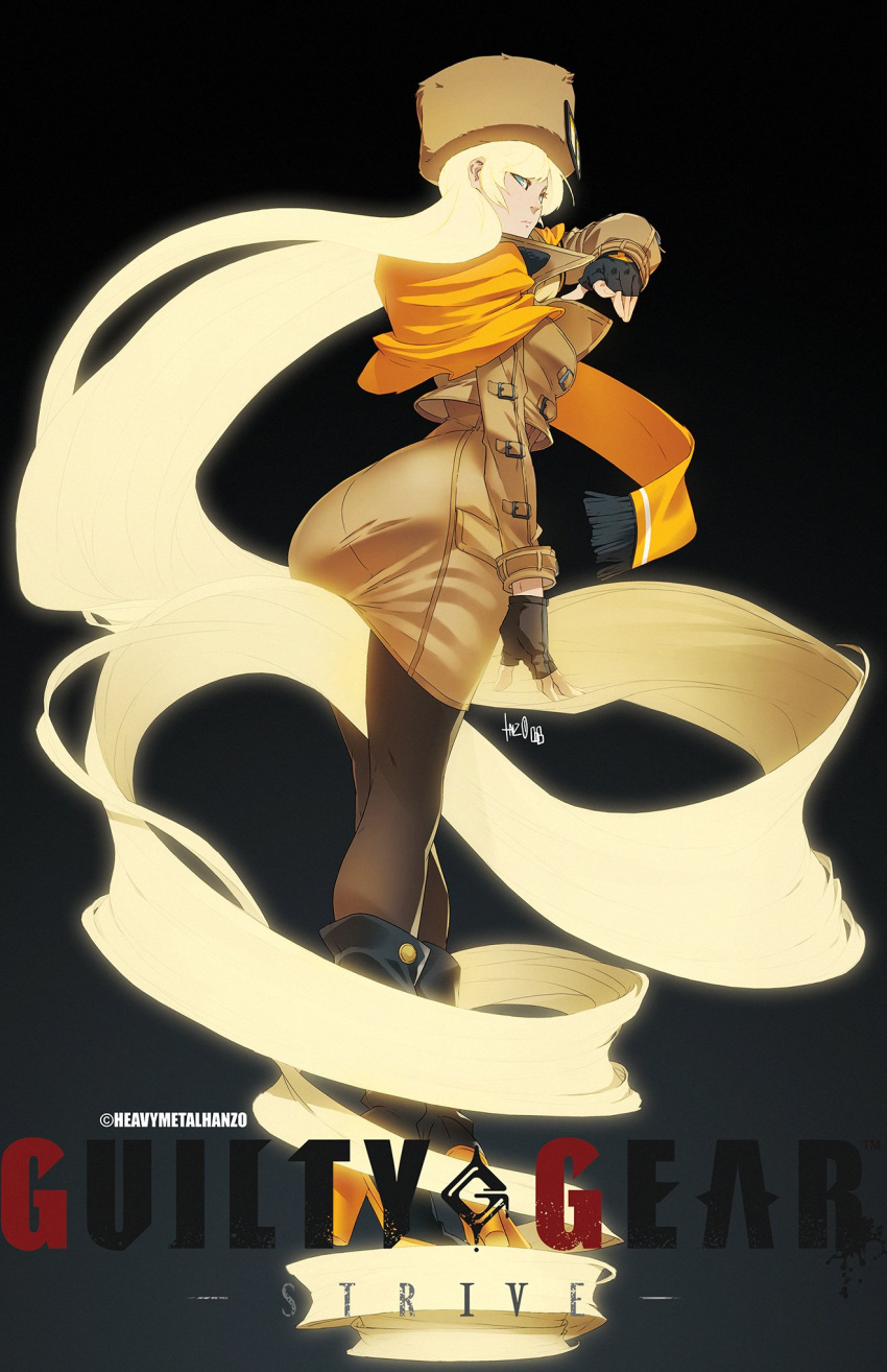 1girl absurdly_long_hair arm_scarf arm_up artist_name ass bangs blonde_hair blue_eyes breasts brown_coat buttons coat copyright_name curvy eyebrows_visible_through_hair fingerless_gloves from_side fur_hat gloves glowing glowing_hair guilty_gear guilty_gear_strive hat highres leggings long_hair looking_at_viewer medium_breasts metalhanzo millia_rage pantyhose pose signature simple_background smile solo standing twitter_username ushanka very_long_hair white_background wide_hips