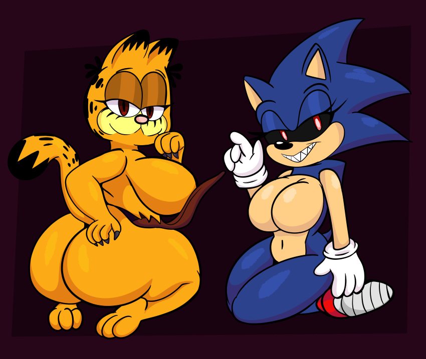 absurd_res anthro big_breasts big_butt black_claws black_sclera blue_body blue_fur breasts butt claws clothing creepypasta crossgender domestic_cat duo eulipotyphlan felid feline felis female footwear fur garfield_(series) garfield_the_cat gloves half-closed_eyes hand_on_butt handwear hedgehog hi_res holding_butt huge_breasts huge_butt looking_at_viewer mammal mtf_crossgender narrowed_eyes orange_body orange_fur red_clothing red_eyes red_footwear red_shoes sega shoes simple_background smile someth1ngoranother sonic.exe sonic_the_hedgehog_(series) stomach_mouth tan_body tan_fur teeth white_clothing white_gloves white_handwear