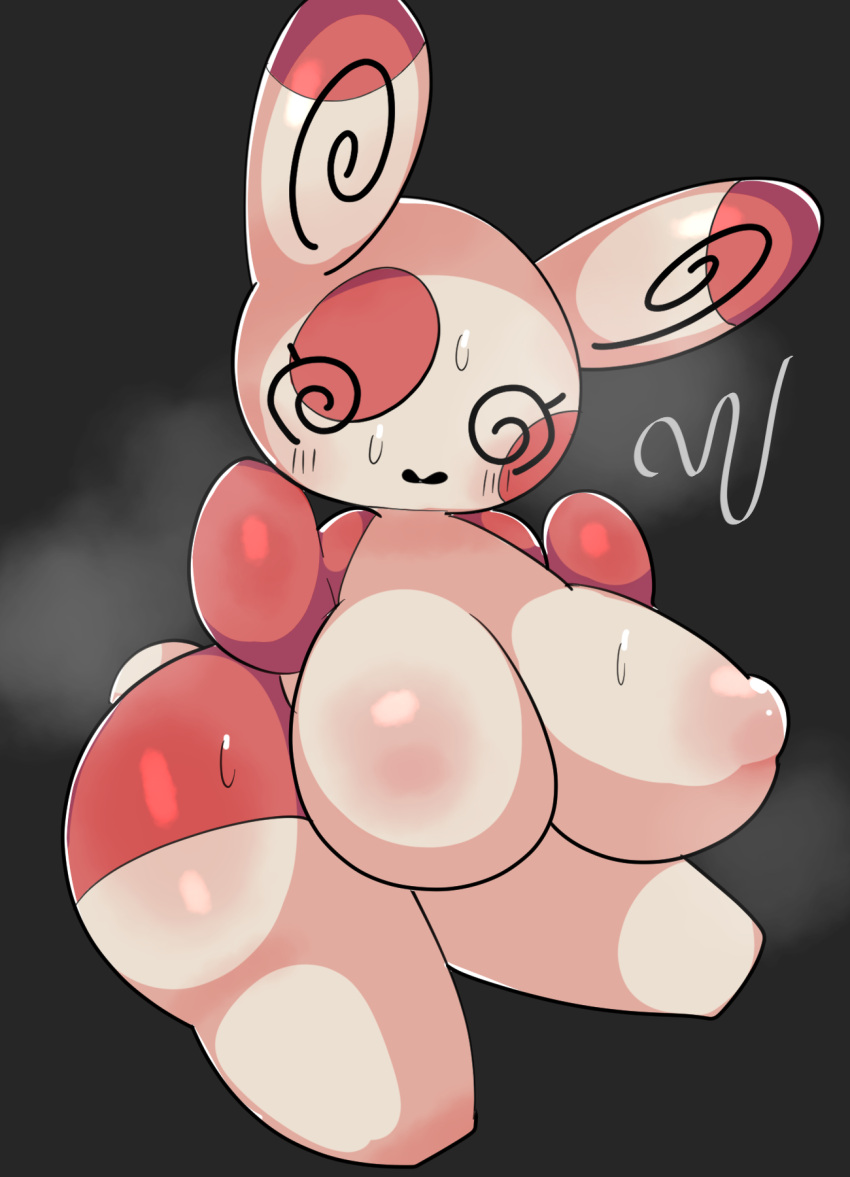 2021 anthro anthrofied areola big_breasts blush blush_lines bodily_fluids breasts digital_media_(artwork) ebi10000000000 female hi_res looking_at_viewer multicolored_body nintendo nipples pok&eacute;mon pok&eacute;mon_(species) pok&eacute;morph puffy_areola puffy_nipples simple_background solo spinda sweat thick_thighs two_tone_body video_games wide_hips