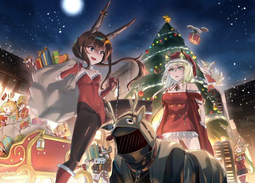 &gt;_&lt; 2others 6+girls :d @_@ absurdres amiya_(arknights) animal_collar animal_ears antlers arknights bangs black_hair black_legwear blonde_hair blue_eyes boots breasts building candy candy_cane ceobe_(arknights) chain christmas christmas_ornaments christmas_tree collar commentary_request covered_navel decorating detached_collar doctor_(arknights) dress dress_straps drone food foot_up fox_tail frilled_dress frills frown full_moon fur_collar gift gloves grani_(arknights) green_eyes gummy_(arknights) hair_ornament hairclip hat highleg highleg_leotard highres holding holding_leash holding_sack kal'tsit_(arknights) kroos_(arknights) ladder leash leotard long_hair looking_at_another medium_hair moon moto_toshi mudrock_(arknights) multiple_girls multiple_others multiple_tails night night_sky notice_lines off-shoulder_shirt off_shoulder open_mouth outdoors over_shoulder pantyhose ponytail red_dress red_footwear red_gloves red_headwear red_leotard reindeer_antlers sack santa_boots santa_costume santa_dress santa_gloves santa_hat shirt short_dress short_hair sky sleigh small_breasts smile smirk snowing standing star_(sky) star_(symbol) starry_sky stepladder stepped_on strapless strapless_leotard suzuran_(arknights) tail