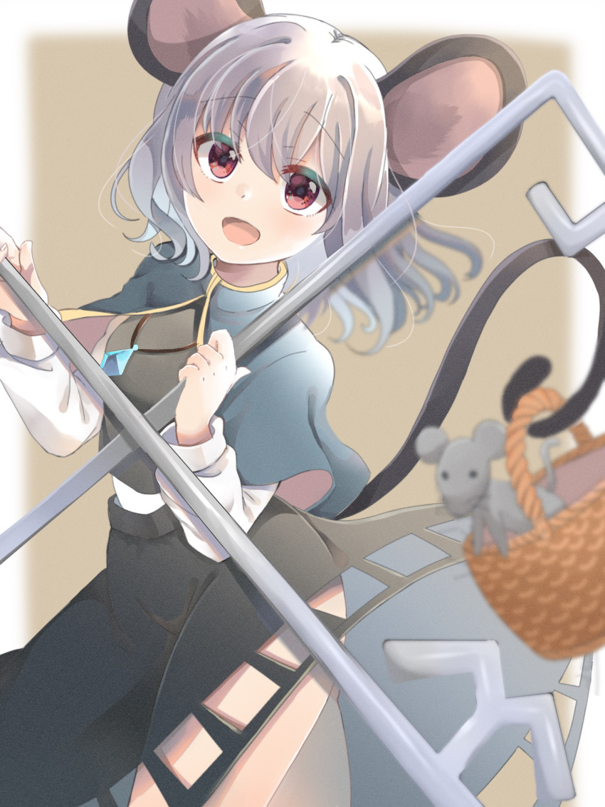 1girl animal_ears bangs basket blue_capelet blurry blurry_background blush breasts brown_background capelet commentary_request cowboy_shot crystal dowsing_rod grey_hair grey_skirt grey_vest highres holding holding_with_tail jewelry layered_clothing long_sleeves looking_at_viewer mouse mouse_ears mouse_girl mouse_tail nazrin open_mouth pendant ponta_(wwtaimeww) prehensile_tail red_eyes shirt short_hair skirt skirt_set small_breasts smile solo tail touhou two-tone_background vest white_background white_shirt