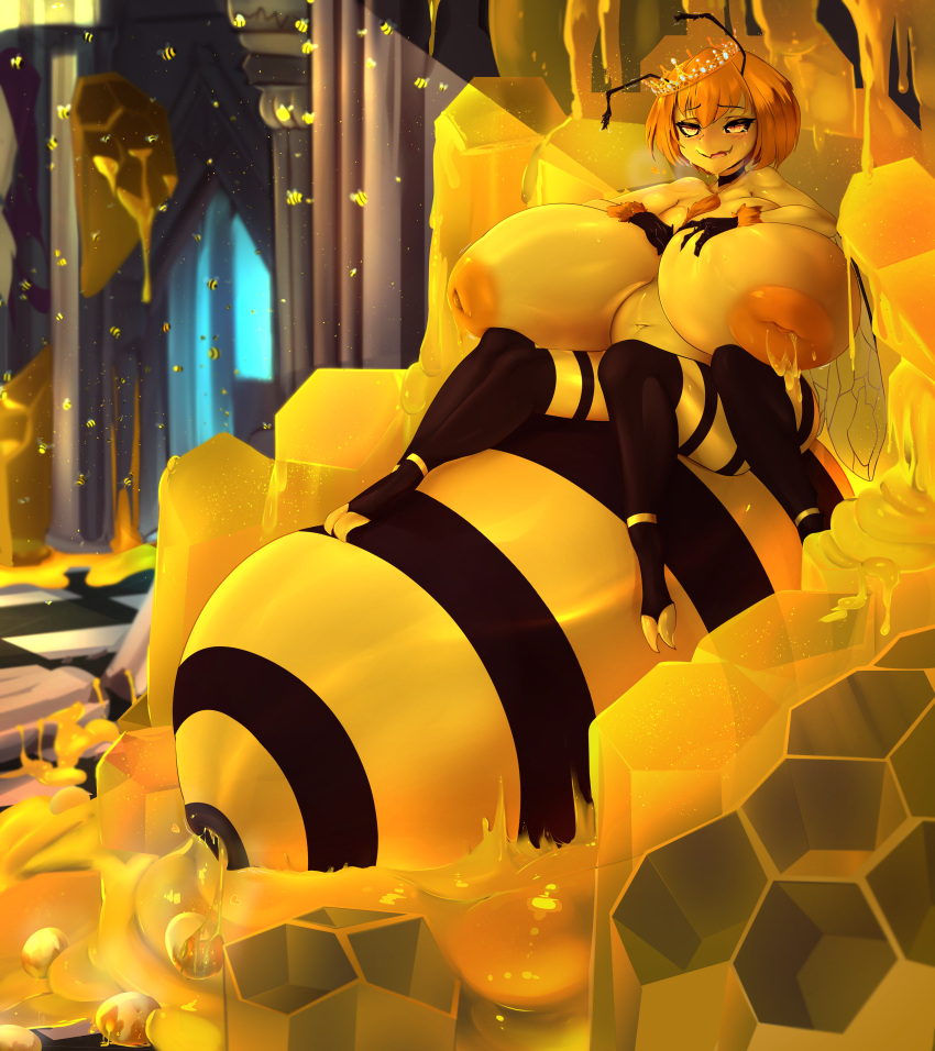 1girl absurdres antennae areolae arthropod_girl bangs bee bee_girl bee_wings black_sclera blush breasts bug checkered_floor colored_sclera colored_skin commentary crown curvy egg_laying english_commentary extra_legs eyebrows_visible_through_hair grimmydraws highres honey huge_breasts insect_wings inverted_nipples large_areolae medium_hair monster_girl navel nude orange_hair original pillar plump queen_bee smile solo striped wings yellow_eyes yellow_skin