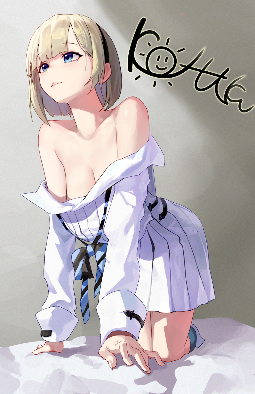 1girl absurdres all_fours bare_shoulders black_hairband blue_bow blue_bowtie blue_eyes bow bowtie breasts character_request cleavage collarbone commentary dress english_commentary full_body grey_background hairband highres large_breasts light_brown_hair long_sleeves mac_star off_shoulder on_bed parted_lips pleated_dress short_hair smile solo undone_bowtie white_dress