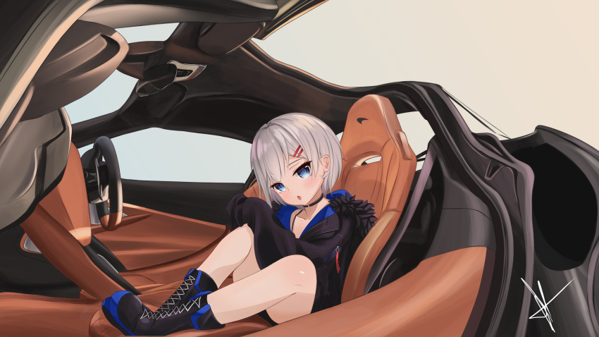 1girl :o absurdres black_footwear black_jacket black_shorts blue_eyes boots bra_strap car car_interior car_seat choker cross-laced_footwear ground_vehicle hair_ornament hairclip highres hood hood_down hooded_jacket jacket knees_to_chest knees_up lace-up_boots mclaren mclaren_720s medium_hair motor_vehicle multicolored_clothes multicolored_jacket o-ring o-ring_choker oversized_clothes radiancore17 rear-view_mirror rurine_luna seatbelt shorts signature silver_hair sitting sleeves_past_fingers sleeves_past_wrists sports_car steering_wheel virtual_youtuber wactor_production