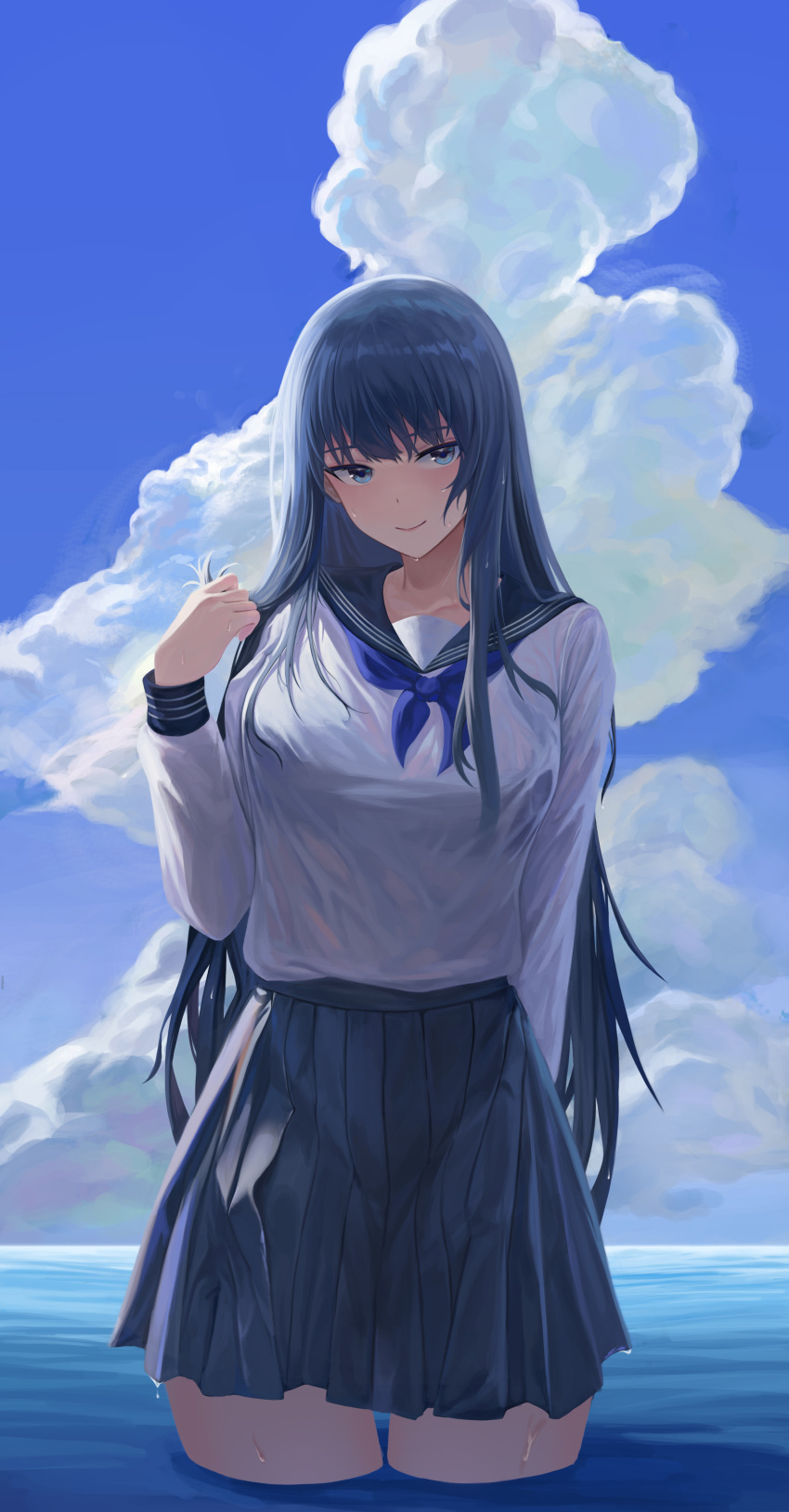 1girl absurdres bangs bburi black_hair blue_eyes blue_sky blush breasts cloud highres long_hair looking_at_viewer ocean original pleated_skirt school_uniform serafuku skirt sky smile solo very_long_hair wading wet