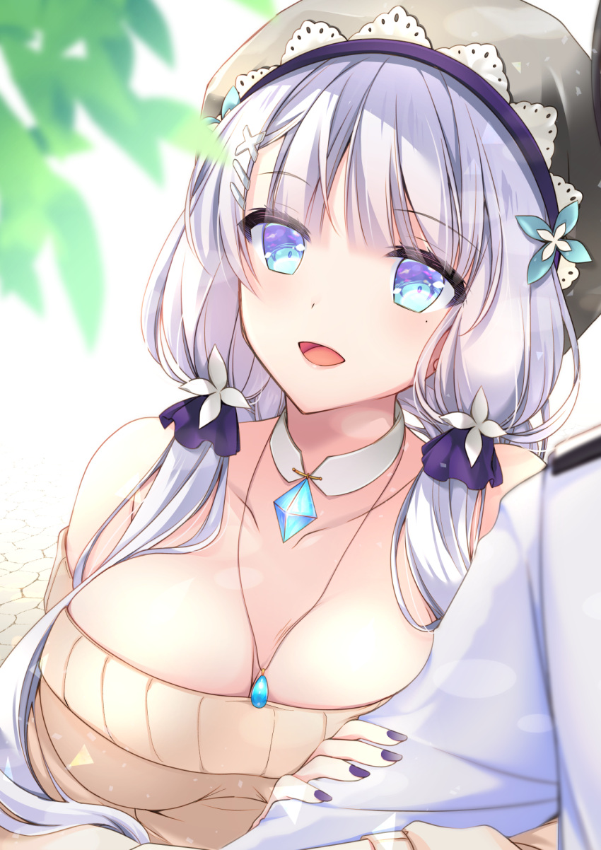 1boy 1girl azur_lane bare_shoulders belfast_(azur_lane) belfast_(azur_lane)_(cosplay) belfast_(shopping_with_the_head_maid)_(azur_lane) black_headwear blue_eyes blurry blurry_foreground breasts brown_sweater cleavage collar commander_(azur_lane) cosplay detached_collar highres illustrious_(azur_lane) large_breasts leaf long_hair looking_at_viewer mitsukiriko nail_polish off-shoulder_sweater off_shoulder official_alternate_costume open_mouth purple_nails sapphire_(gemstone) simple_background sweater tri_tails upper_body white_background white_collar white_hair