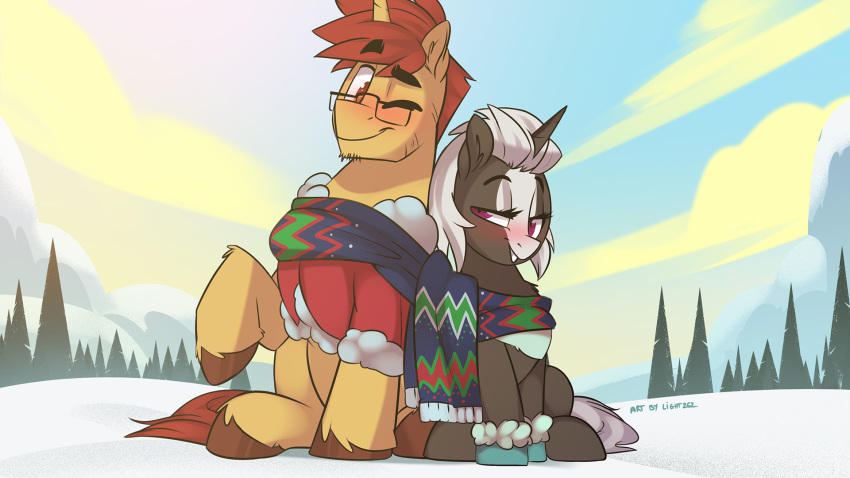 16:9 blush clothing duo equid equine eyewear fan_character glasses gloves handwear hasbro hi_res hooves horn light262 mammal my_little_pony one_eye_closed plant raised_leg s.leech_(oc) scarf sharing_clothing sitting snow sweater topwear tree unicorn widescreen wink winking_at_partner winter