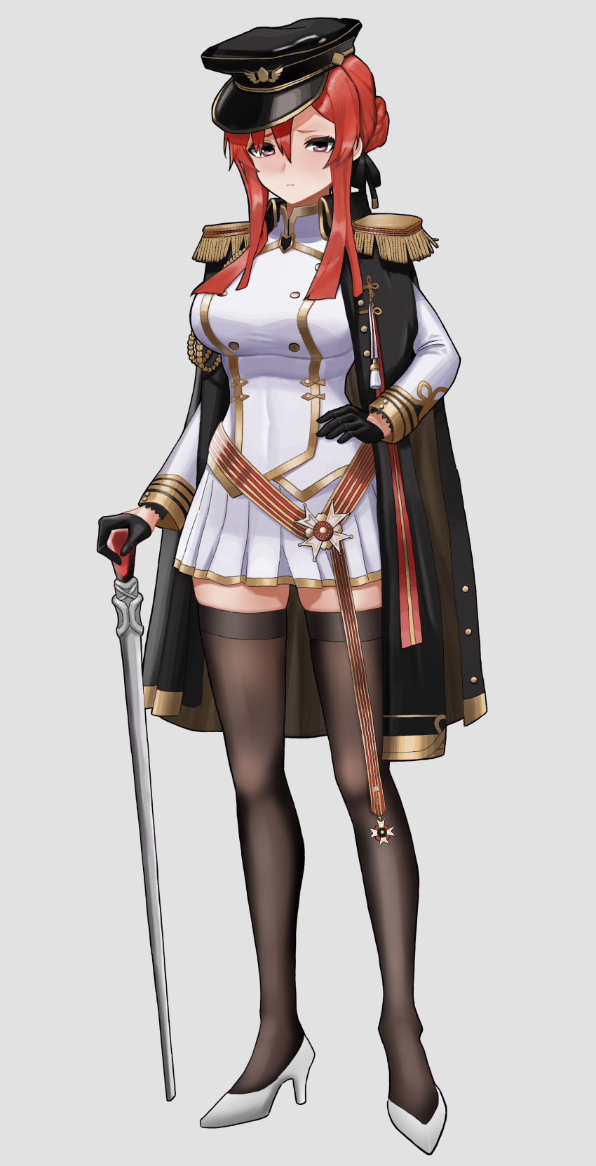 1girl absurdres azur_lane black_coat black_gloves black_headwear black_legwear braid breasts coat coat_on_shoulders crown_braid epaulettes full_body gloves gold_trim grey_background hair_between_eyes half_gloves hand_on_cane hat high_heels highres large_breasts laskalon long_hair looking_at_viewer medal military military_uniform miniskirt monarch_(azur_lane) naval_uniform peaked_cap pleated_skirt purple_eyes red_eyes ribbon shoes simple_background skindentation skirt solo standing striped striped_ribbon thighhighs uniform white_footwear white_skirt zettai_ryouiki