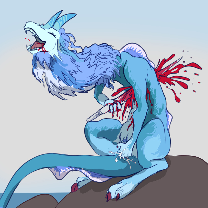 absurd_res anonymous_artist asian_mythology blood blue_body bodily_fluids dragon east_asian_mythology eastern_dragon eyes_closed female gore hi_res knife looking_pleasured masturbation mythology open_mouth solo