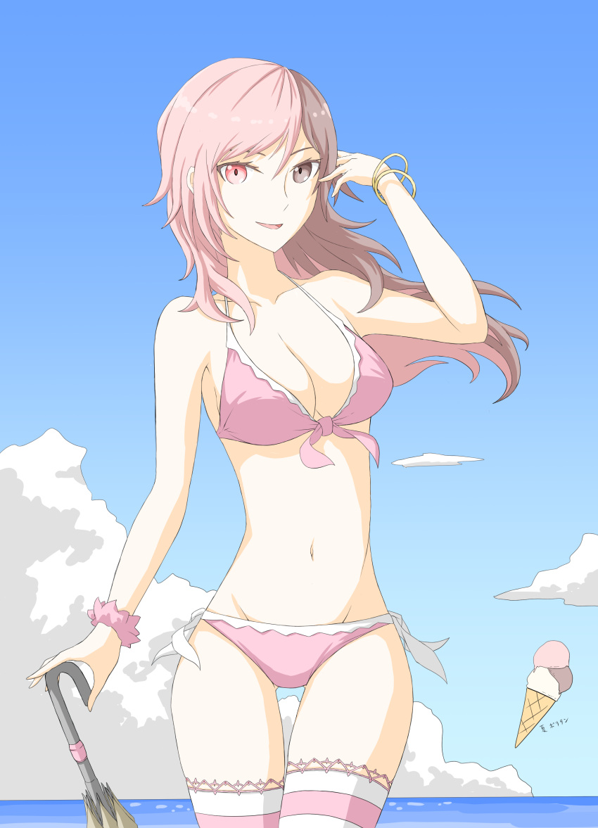 1girl absurdres alternate_costume ass_visible_through_thighs bikini blue_sky bracelet breasts brown_eyes brown_hair cleavage cloud hand_in_hair highres horizon ice_cream_cone jewelry lace-trimmed_legwear lace_trim large_breasts long_hair looking_at_viewer multicolored_hair neo_politan ocean pink_bikini pink_hair rwby sky smile solo striped striped_legwear swimsuit thigh_gap thighhighs tsukimizake umbrella water white_legwear