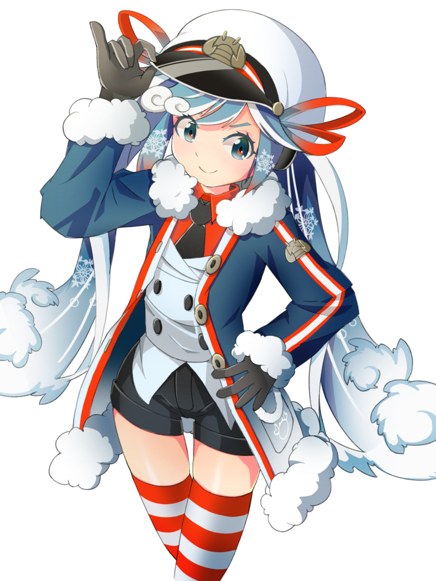 1girl absurdres arm_up black_gloves black_necktie black_shorts blue_eyes blue_hair blue_jacket closed_mouth collared_shirt commentary_request fur-trimmed_jacket fur-trimmed_sleeves fur_trim gloves hand_on_headwear hand_on_hip hat hatsune_miku highres jacket long_hair mamagogo_(gomaep) necktie open_clothes open_jacket peaked_cap red_shirt shirt short_shorts shorts simple_background smile snowflakes solo striped striped_legwear twintails very_long_hair vest vocaloid white_background white_headwear white_vest yuki_miku yuki_miku_(2022)