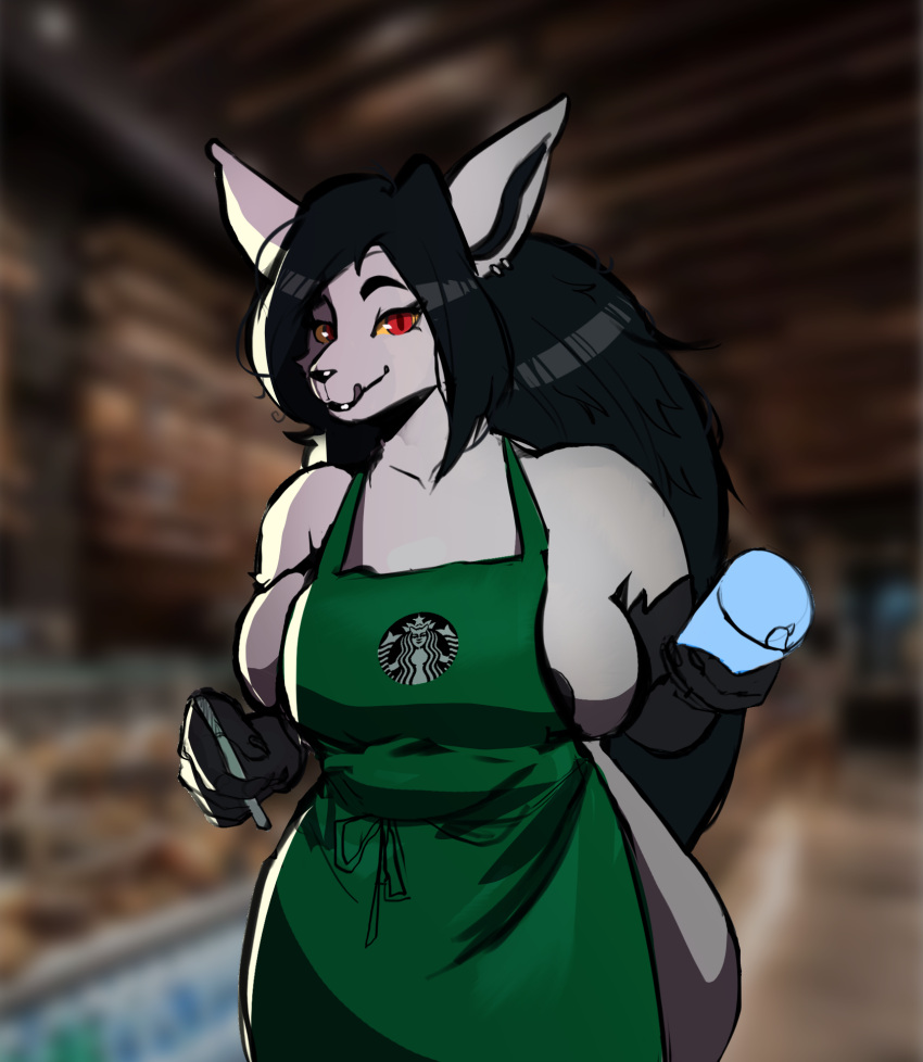 2021 anthro apron apron_only areola areola_slip arm_tuft barista beverage big_breasts black_body black_fur black_hair black_lips breasts canid clothed clothing coffee_cup coffee_shop container cup curvy_figure detailed_background digital_media_(artwork) ear_piercing ear_ring female fur green_apron grey_areola grey_body grey_fur hair hi_res holding_object hyaenid i_mean_breast_milk inside licking licking_lips lips long_hair looking_at_viewer mammal marker mature_female meme mightyena milfyena mitsuge mostly_nude nails nintendo partially_clothed piercing pok&eacute;mon pok&eacute;mon_(species) red_eyes side_boob smile solo starbucks thick_lower_lip thick_thighs tongue tongue_out tuft video_games voluptuous wide_hips yellow_sclera