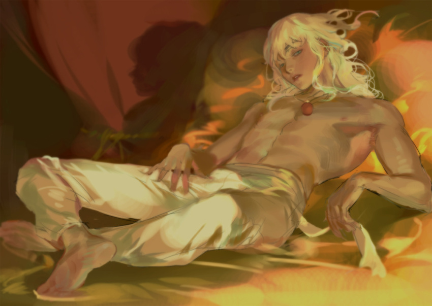 barefoot bed berserk blue_eyes crossed_ankles emg_(christain) griffith_(berserk) hand_on_lap jewelry long_hair looking_to_the_side necklace pants parted_lips pillow shadow sitting sketch topless_male wavy_hair white_hair
