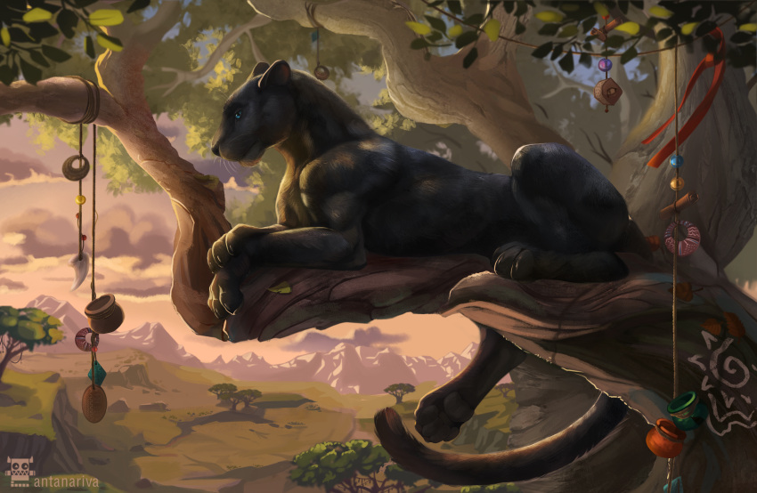 2021 4_toes ambiguous_gender antanariva black_body black_fur black_nose blue_eyes claws day detailed_background digital_media_(artwork) feet felid feral fur hi_res mammal outside pantherine paws plant sky solo toes tree