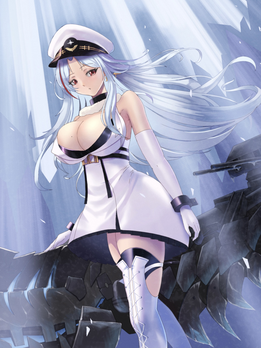 1girl azur_lane boots breasts cleavage collar cross-laced_footwear dress elbow_gloves floating_hair fur-trimmed_dress fur_trim gloves hat highres large_breasts long_hair looking_at_viewer metal_collar mole mole_on_breast multicolored_hair peaked_cap red_hair rigging sleeveless sleeveless_dress snow solo standing streaked_hair syu.mu tallinn_(azur_lane) thigh_boots thighhighs two-tone_hair very_long_hair white_dress white_footwear white_gloves white_hair white_headwear wrist_cuffs zettai_ryouiki